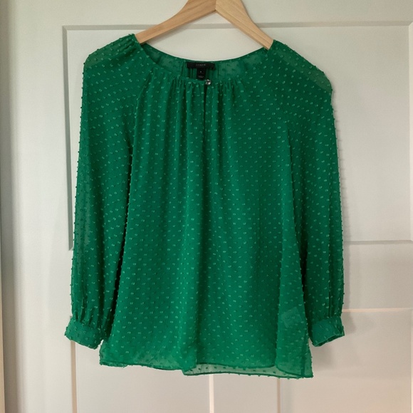 J.Crew Factory Green Sheer Chiffon Swiss DotBlouse Top 3/4 sleeve - Picture 1 of 8